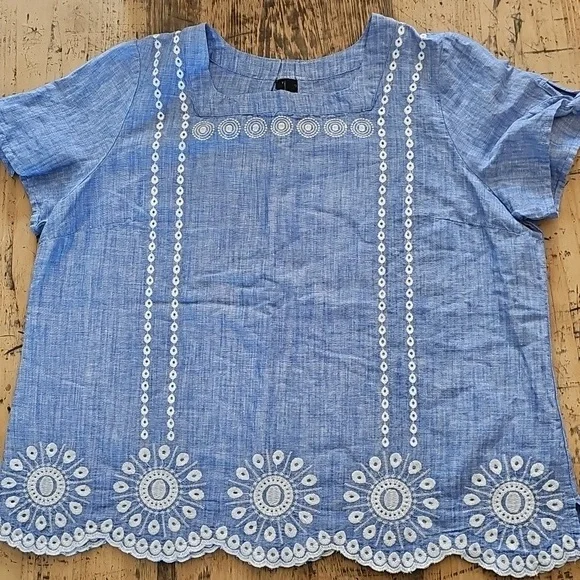 TALBOTS Linen Embroidered Square Neck Top Size XLP - Picture 2 of 5